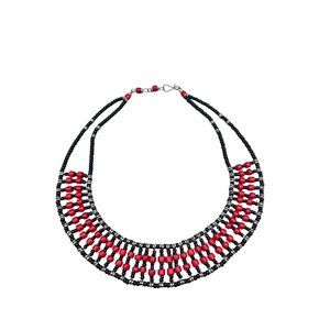 Vintage Tribal Beaded Choker Collar Necklace Egyptian Revival Red & Black Beads